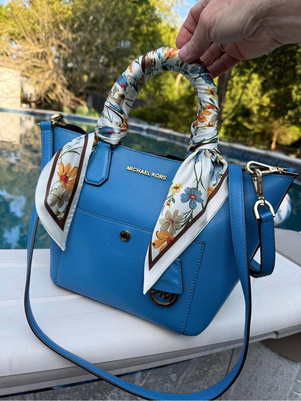 Michael Kors Blue Saffiano Leather Satchel Tote Shoulder Bag + Floral Scarf